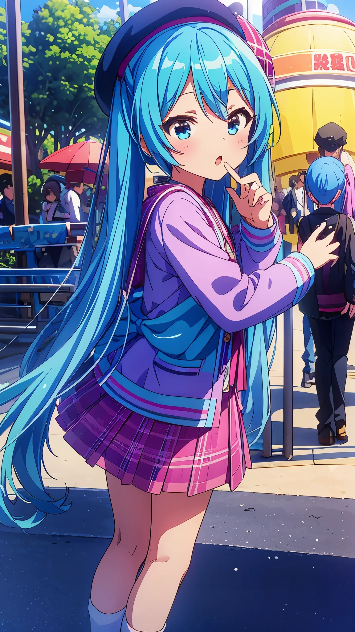 One girl only girl masterpiece、Superior image quality、超High resolution、Miku Hatsune、blue hairs、two-tailed、blush、mock、Open your mouth a little、casual clothes、casual miniskirt、Wearing a small beret、japanese amusement park