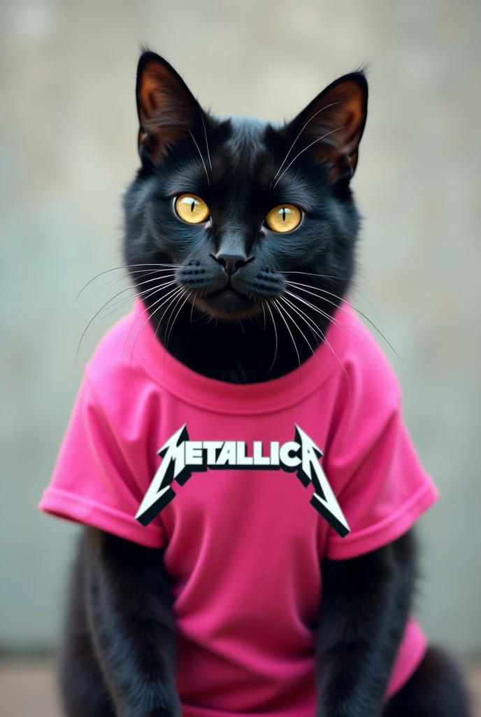 A black cat dressed in a pink t-shirt with the inscription Metallica
