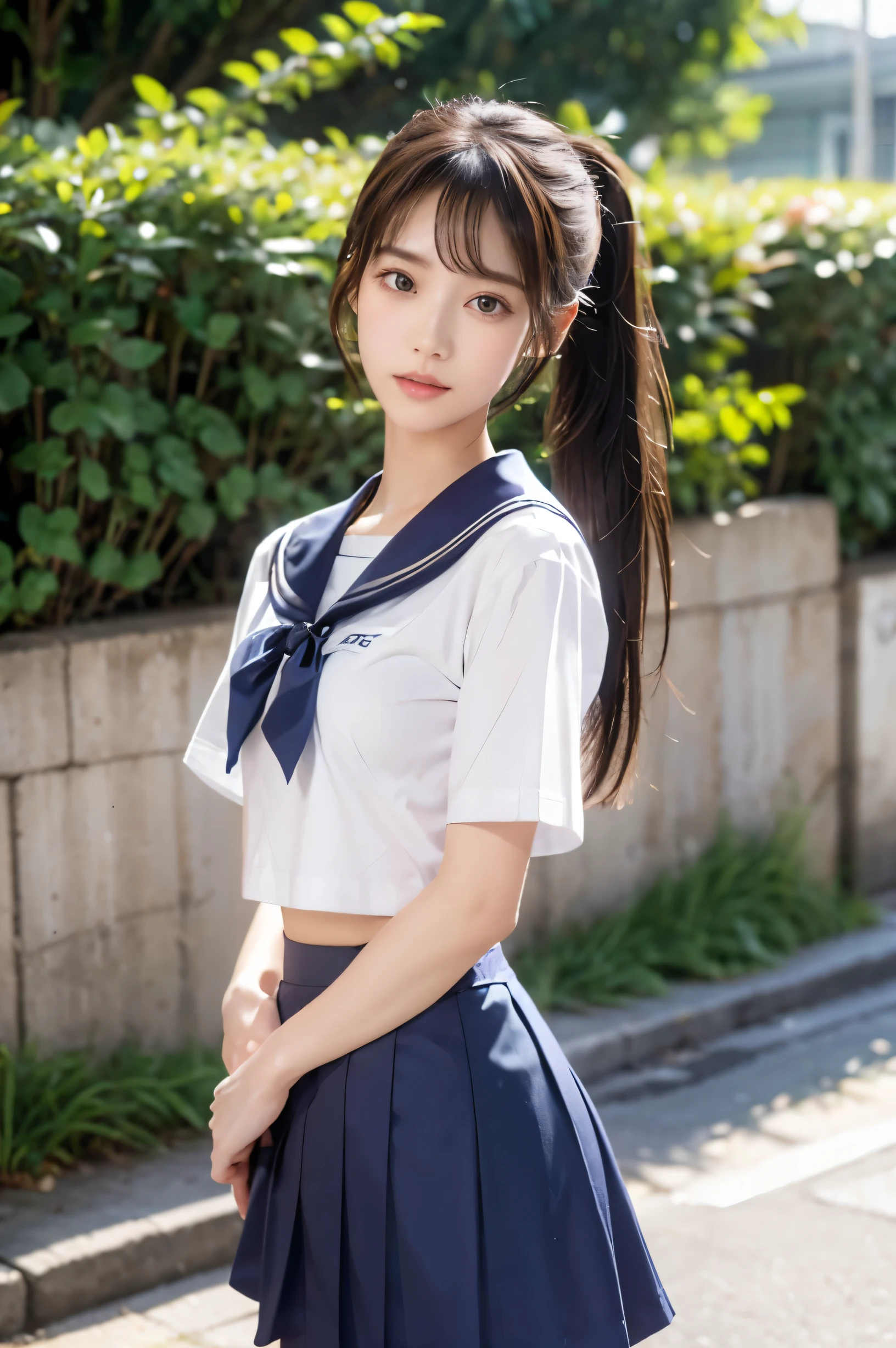 (Ultra HD), (Short-sleeved sailor uniform, Navy blue mini skirt), Big Breasts, slender, Narrow waist, (I can see my belly button:0.6), whole body, Standing posture, (Beautiful Skin, Shiny skin, White skin), (Super slim face, Super beautiful face), (ponytail, Layered Cut, Fluffy hair), (double eyelid, Slanted Eyes), Small Nose, Thin lips, Thin legs, In front of the school gate, evening