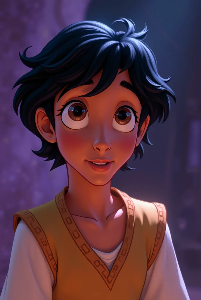 Aladdin, the main character in Aladdin. He is a young man living in poverty in the desert kingdom of Agrabah. Although he makes ends meet by sneaking around, he yearns for his late mother and tries to one day become someone she would not be ashamed of. By chance, he becomes the master of Jeannie, the spirit of the lamp. The cheerful lamp nymph Jeanie serves Aladdin, who becomes her master, and tries to fulfil his ‘three wishes’. His big eyes should be wide open, reflecting the surreal world of the desert kingdom of Agrabah. Genie the jolly lamp fairy, Aladdin, the Wizard, etc. The lighting is soft yet dramatic, and the suitors, who are only pretentious, are affectionate and crave their freedom. She is a modern woman who is intelligent and strong, sometimes using her own beauty as a weapon. The colour palette is a mix of soft pastels and dark, introspective tones, creating a balance between innocence and the complexity of her thoughts.