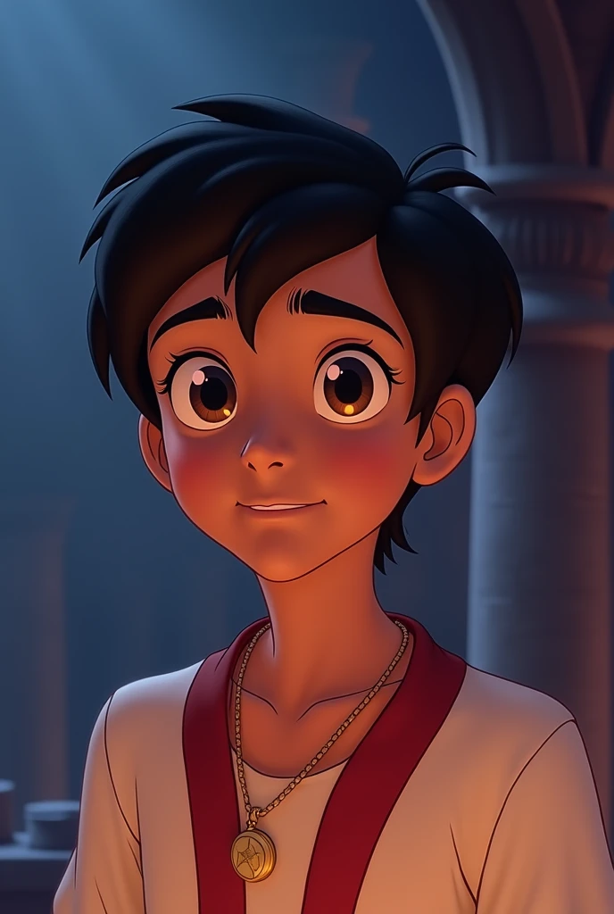 Aladdin, the main character in Aladdin. He is a young man living in poverty in the desert kingdom of Agrabah. Although he makes ends meet by sneaking around, he yearns for his late mother and tries to one day become someone she would not be ashamed of. By chance, he becomes the master of Jeannie, the spirit of the lamp. The cheerful lamp nymph Jeanie serves Aladdin, who becomes her master, and tries to fulfil his ‘three wishes’. His big eyes should be wide open, reflecting the surreal world of the desert kingdom of Agrabah. Genie the jolly lamp fairy, Aladdin, the Wizard, etc. The lighting is soft yet dramatic, and the suitors, who are only pretentious, are affectionate and crave their freedom. She is a modern woman who is intelligent and strong, sometimes using her own beauty as a weapon. The colour palette is a mix of soft pastels and dark, introspective tones, creating a balance between innocence and the complexity of her thoughts.