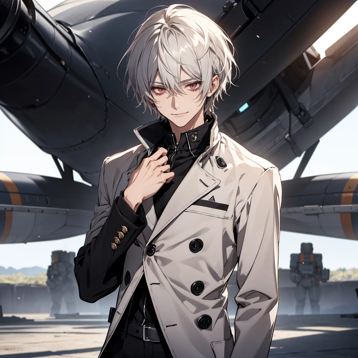 (Confused, High resolution, Very detailed), 1 male, Silver Hair,Shortcuts,Looks soft,Wavy Hair,short hair,Crimson Eyes,White and black pilot suit,24th generation,beauty,mature,thin,quiet,Calm,A small smile,A kind smile,A shy smile,In front of people you like,Long coat,Slender and thin,skinny pants,observatory,expensive,