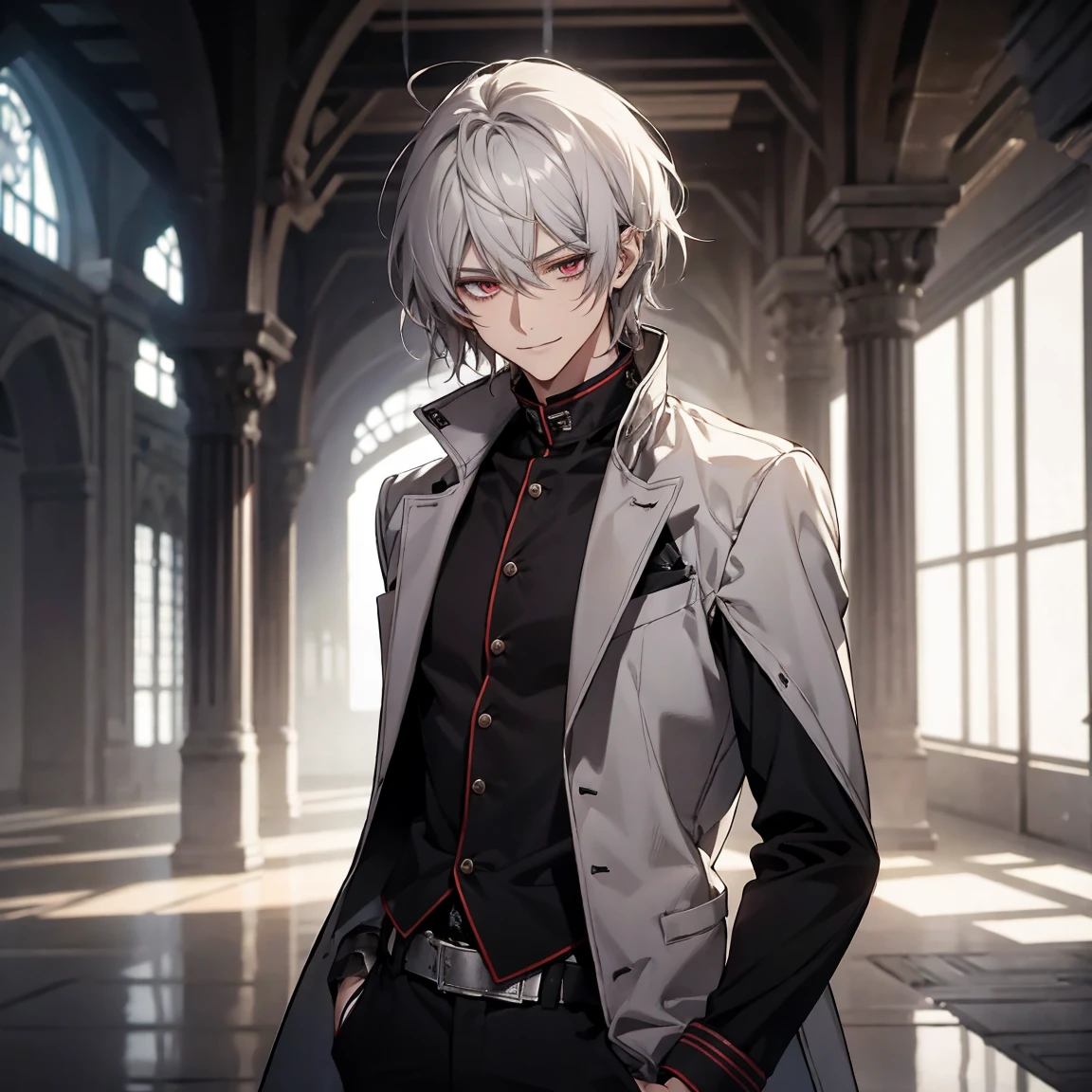 (Confused, High resolution, Very detailed), 1 male, Silver Hair,Shortcuts,Looks soft,Wavy Hair,short hair,Crimson Eyes,White and black pilot suit,24th generation,beauty,mature,thin,quiet,Calm,A small smile,A kind smile,A shy smile,In front of people you like,Long coat,Slender and thin,skinny pants,observatory,expensive,
