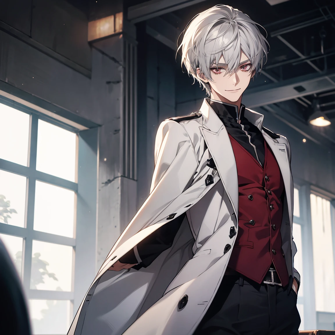 (Confused, High resolution, Very detailed), 1 male, Silver Hair,Shortcuts,Looks soft,Wavy Hair,short hair,Crimson Eyes,White and black pilot suit,24th generation,beauty,mature,thin,quiet,Calm,A small smile,A kind smile,A shy smile,In front of people you like,Long coat,Slender and thin,skinny pants,observatory,expensive,