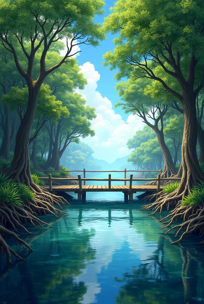The water from the canals flows into the sea. There is a wooden bridge over the canal. There are mangrove forests on both sides.