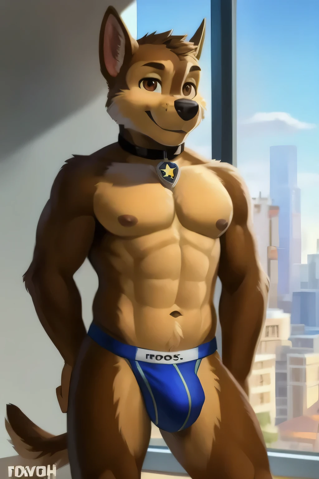 detailed fluffy fur texture, impasto impressionism, (by foxovh, ross tran, michael garmash, pino daeni, iskra), detailed eyes, highly detailed pupils, single, furry, anthro, Chase-pp, domestic dog, male, brown eyes, brown fur, light brown body, fur body, completely naked and wearing a jockstrap, detailed texture of fluffy fur, curvy, wide hips, furry inner ears, front view, standing, gold jockstrap, apartment background, day, 1 adult, smile, cum on face, big pectorals, good abdomen, big, muscular bulge.