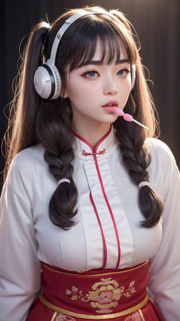 (A beautiful girl wearing a red traditional Chinese costume, seductively licking a lollipop, wearing headphones in a recording studio, posting cute poses on social media.) (This beautiful girl is , 18% Japanese, 26% French, 56% Ukrainian, 178 cm tall, small bust but stylish, with a beautifully balanced figure.) (Her hair is very long, pinkish gray, tied in twin tails with black ribbons, curling in a spiral towards the end.) (Her eyebrows are the same color as her hair, thin, slightly thick, short, and her eyelashes are long.) (Her big blue eyes reflect the light of the lighting and are amazingly beautiful like pearls.) (Her nose is high like an Englishman, her lips are plump and kissable, her skin is translucent white, and the proportions of her head and face are traditional Japanese.) Aesthetics. The number of fingers is also noteworthy, not too many or too few, and even the tips of her nails are very delicately expressed. (Single, Masterpiece, Ultra-detailed, Highest quality, Artistic composition, Ultra-accurate, Realistic, Photorealistic, High resolution, Dynamic lighting effects, Consider the proportions of the whole composition, Ultra-realistic). Try to highlight facial expressions and appearance. Try your best to meet all these criteria.