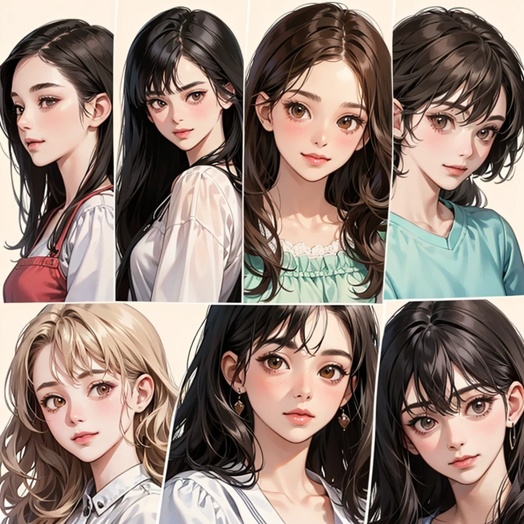 Four girls, black hair, long hair, shill, bob, smile, Stationary face,Light blush on the cheeks, brown eyes, simple background, high resolution, brown hair, stand in a line.,