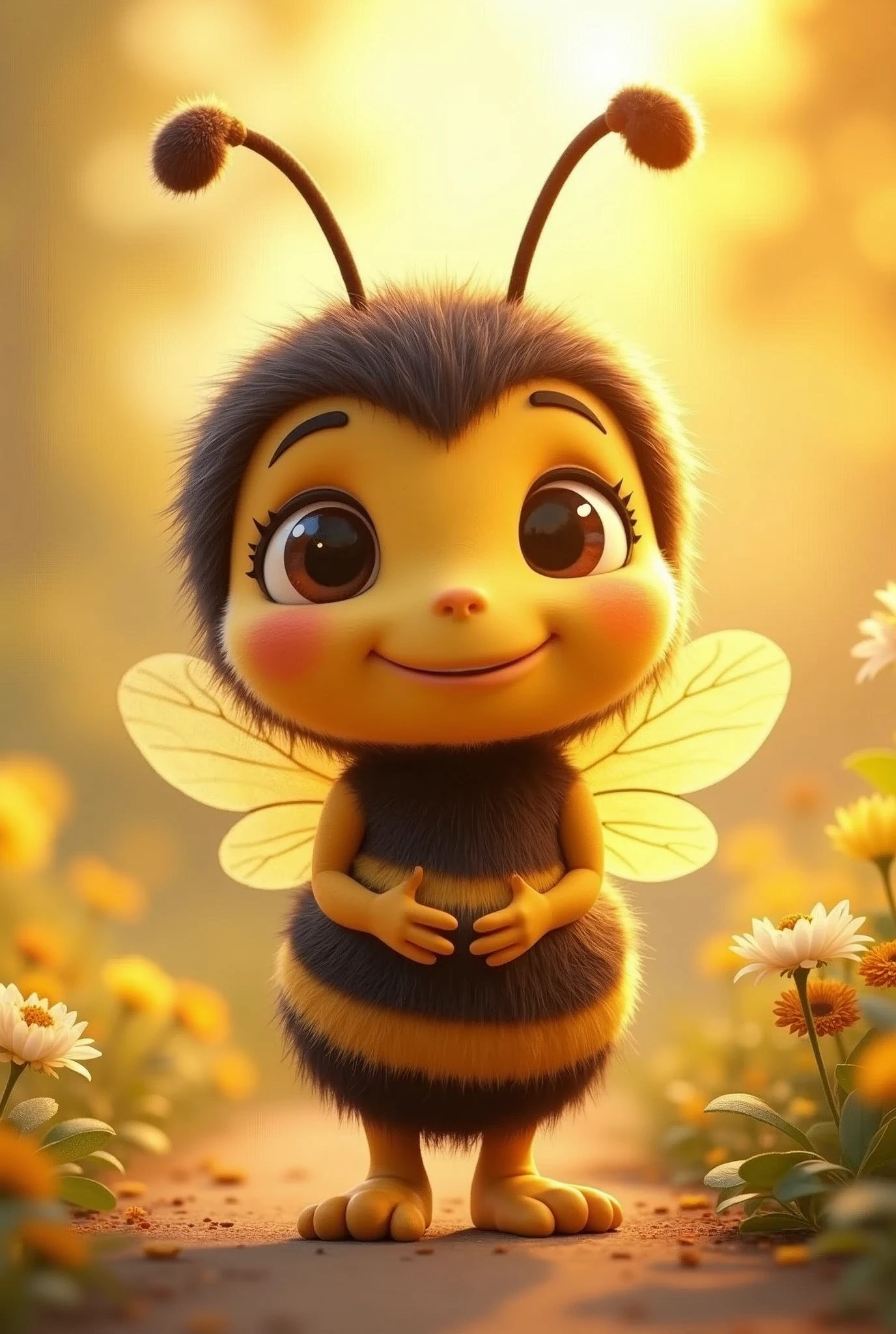 a mascot that is a female bee, drlight smile, charming and low-key