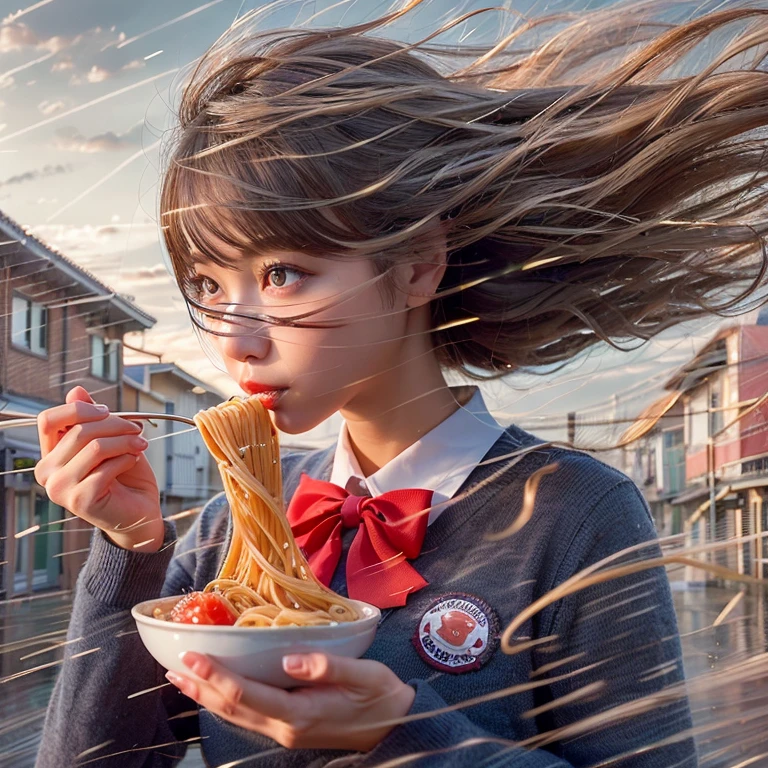 Highest quality、Ultra-high resolution、(Photorealistic:1.4)、1 person、日本のhigh school girl、Strong winds, typhoon, Japanese,high school girl, School uniform, live-action, Beauty,Holding a fork, Tomato sauce pasta, 雨とStrong windsの中で食事をする少女, pasta blown by the wind, Amazing digital illustrations, artwork, Beautiful digital art, Smooth, pretty girl, 8k, portrait of cute,photograph,8k,Highest quality,Best details、High School Uniform、(Faded grey hair:1)、(Big Breasts:1.2)、Close-up、