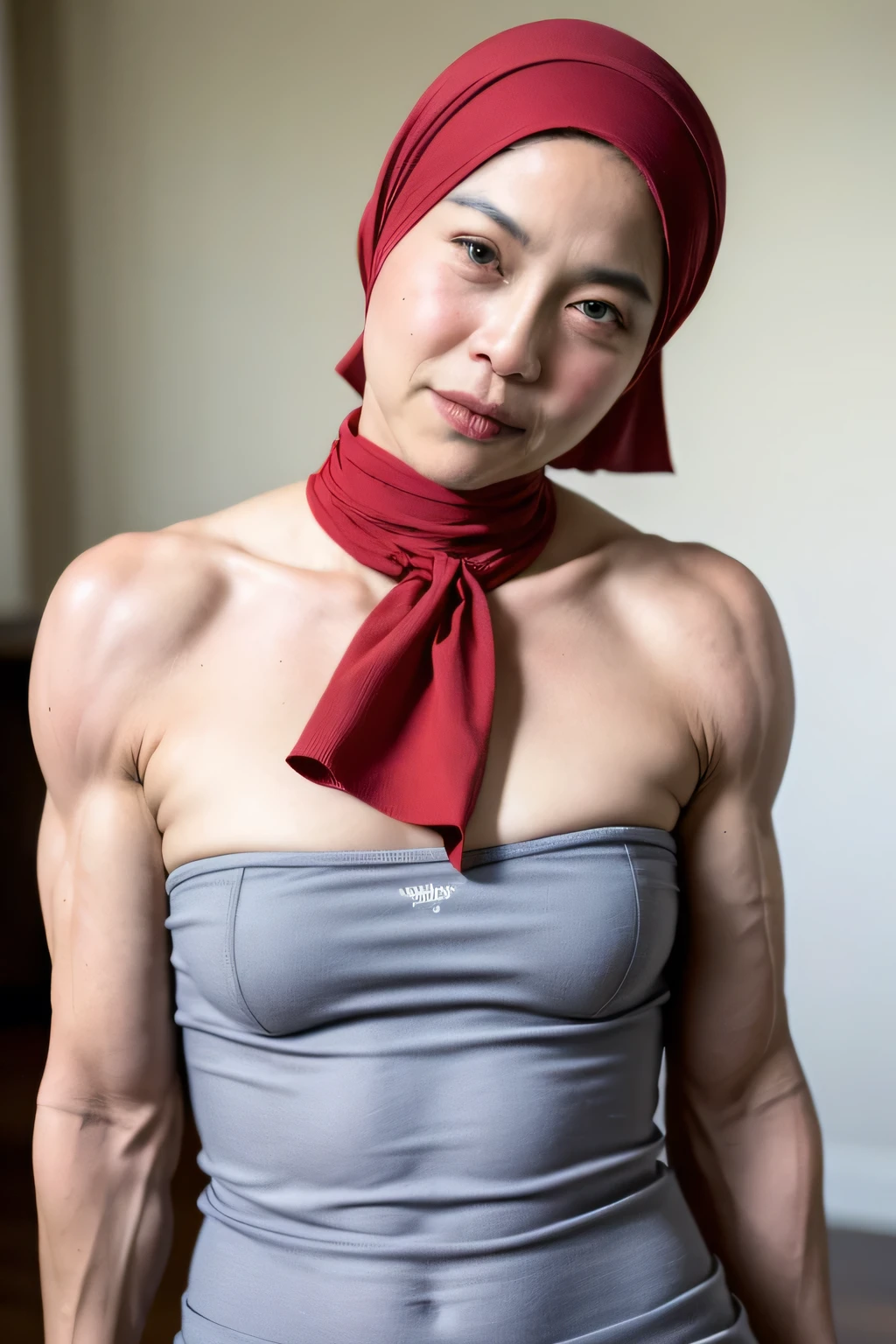 SQUATTING, ((NECK LACE RIBBON)), ((Strapless Bra)), ((Pencil Skirt)), (Arm Muscles:1.8), ((6x-UltraSharp)), Milf Bitch, Straddling, ((Naked red)), ((Old Lady :1.6)), Very cute like a Matured Lady, ((Stylo Stylish Hijab)), adorable, 2 girl, 55 years old, baby face, shy, half body portrait, ((HORNY FACE EXPRESSION)), (face details: 1), (eye details: 1), Cute posed. proportional body. Ultra High Res. (realistic: 2), UHD, Tiny breasts