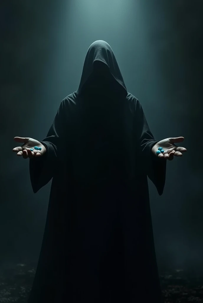 A completely black being, with a white drawn question mark on its chest holding a black vortex with purple details in its hands
