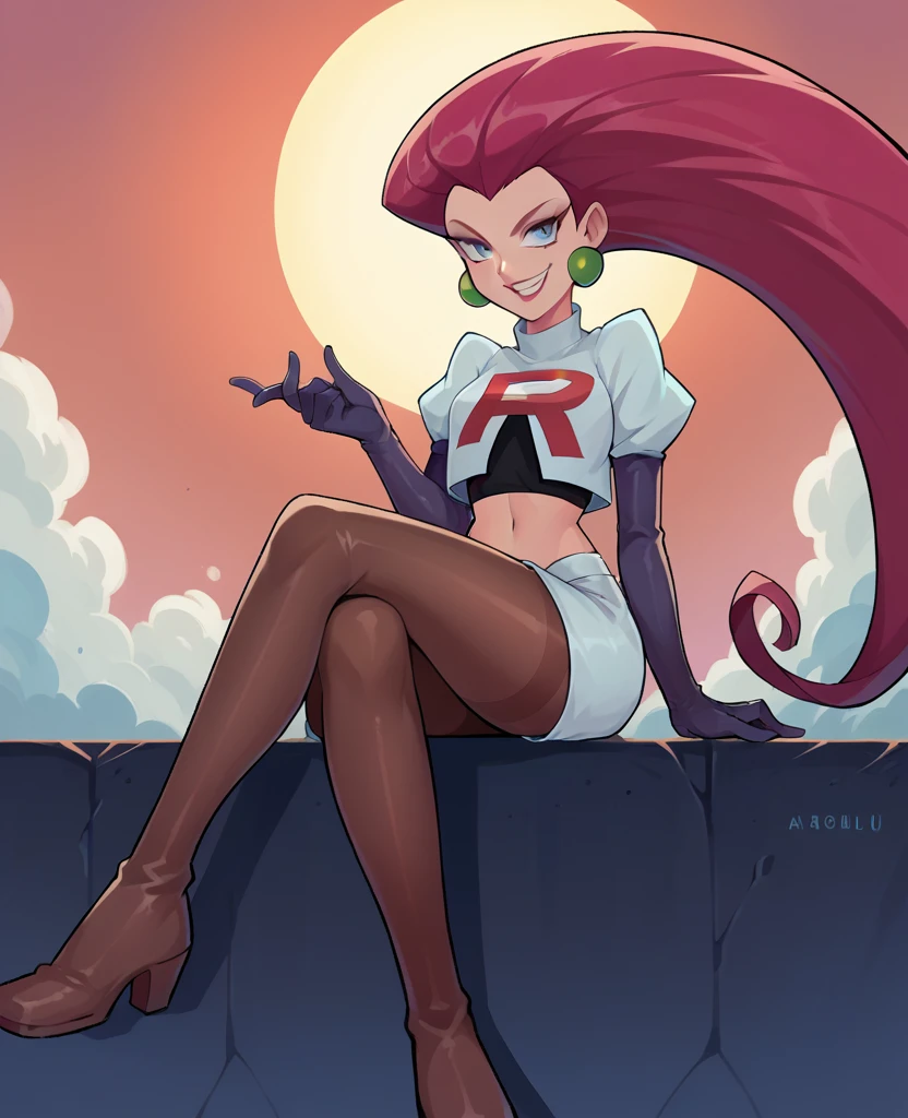 Jessie,  team rocket,  opaque shiny tan pantyhose, sitting crossed legs,  gloves,  high boots,  smiling seductive look,  sun shiny day 