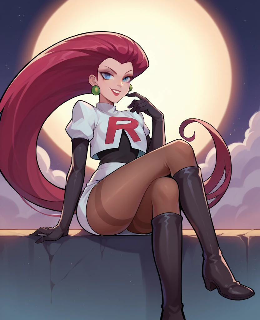 Jessie,  team rocket,  opaque shiny tan pantyhose, sitting crossed legs,  gloves,  high boots,  smiling seductive look,  sun shiny day 