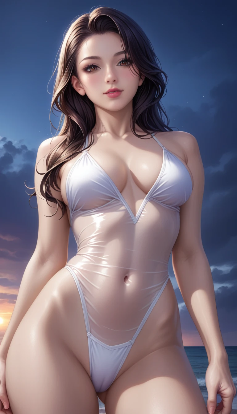 score_9, score_8_superior, score_7_superior, High-resolution CG illustration,A masterpiece in 32K resolution,Highest quality,it is really amazing,Very detailed,Ultra-high resolution,Ultra-realistic,Realistic,Increased depth of field,Cinematic lighting,
Sexy mature Japan woman,
Straight long hair with black hair,Ultra-detailed and beautiful face,Calm and gentle look,Beautiful brown eyes,Translucent white skin,Realistic skin texture,Great proportions,
Elegant swimwear,
Artistic design,Chic color scheme,Detailed fabric texture,
Dark overcast sky on a dull night,Dark clouds filling the sky,Thundercloud,Coastline at night,Stormy seas,delay々A desolate sandy beach that continues,
Cinematic,Low - Angle,