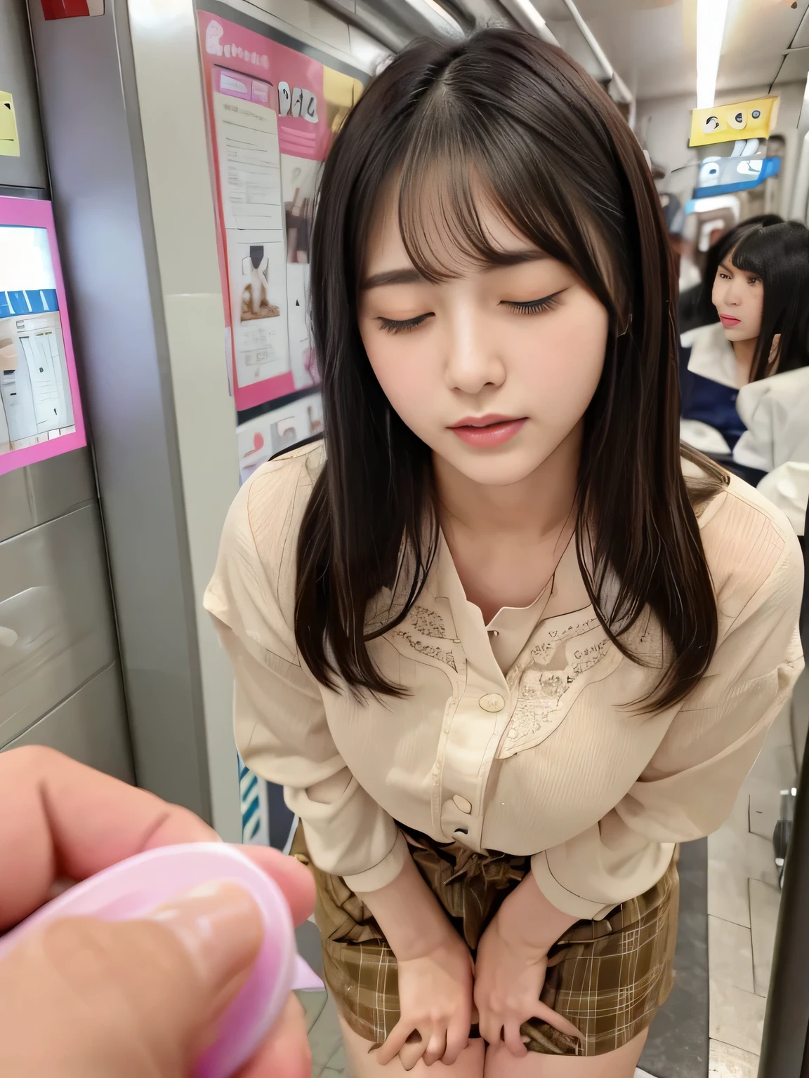 Vibrator prank on the train、Woman on the train,She leaned forward.,(She closes her eyes),she yawns,　Many passengers around、crowd、view outside the window、Hand holding a pink remote control outside the frame,She wants me to stop using the vibrator,Look here and plead、Embarrassed face、She puts her hand on her crotch,She is wearing fashionable clothes、White blouse、on the train、Fluffy medium hair、Pure erotic face、(Masseter muscle area:1.3)、(8k、Photorealistic、RAW Photos、Highest quality: 1.4)、(One Girl)、Very beautiful face、Very beautiful face、Very beautiful face、(Very realistic face)、(Brown hair、Fluffy medium hair:1.3)、Very beautiful hairstyles、Very realistic eyes、Very beautiful details、（Extremely realistic skin）、Very beautiful skin、absurdes、Very attractive、Ultra-high resolution、surreal、High definition、Golden Ratio、Golden Ratio、Golden Ratio、beauty、beauty、beauty。
