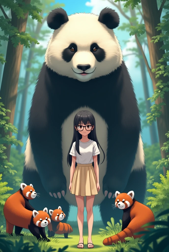 25-year-old girl,black hair,black eyes,wearing glasses,In the jungle,There's a panda the size of a house behind her,There are other red pandas around. Anime style'No need to be sexy, This girl has a calm and sweet personality