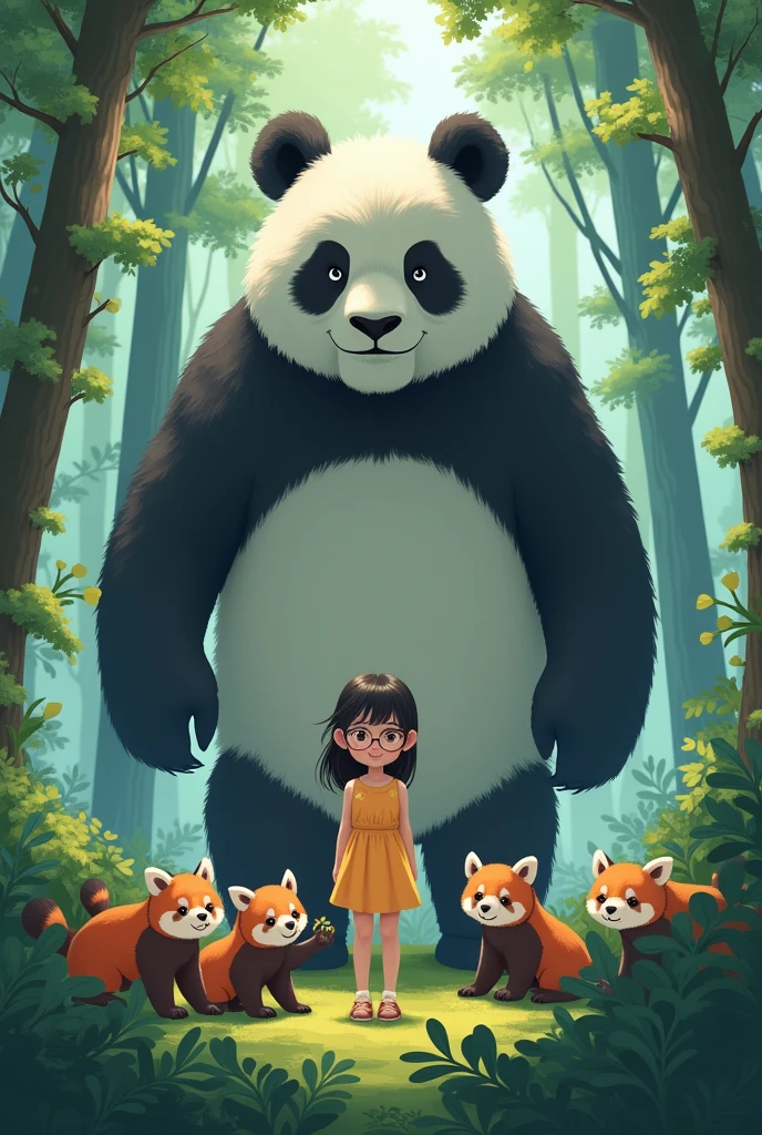 25-year-old girl，black hair，black eyes，wearing glasses，In the jungle，There's a panda the size of a house behind her，There are other red pandas around. Anime style&#39;No need to be sexy, This girl has a calm and sweet personality
