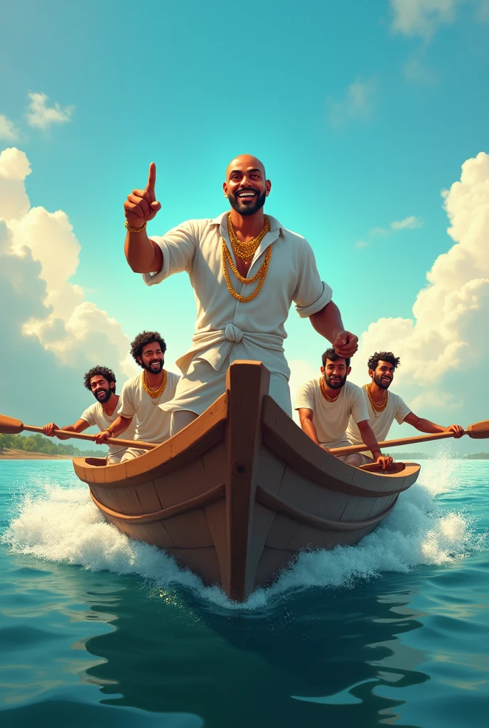 A dynamic scene of five men participating in a Kerala boat race. The main character is standing at the front of a long, traditional wooden boat. He has no facial hair (no beard or mustache), is bald, not muscular, and exudes happiness and energy. He is wearing a white shirt with a golden chain, and he is pointing his finger forward with a confident, joyful expression. The other four men are seated behind him, all wearing t-shirts, rowing with enthusiasm. The boat is long, reflecting the traditional style of Kerala boat races. The scene captures the essence of teamwork, excitement, and the beauty of the water under a bright sky.