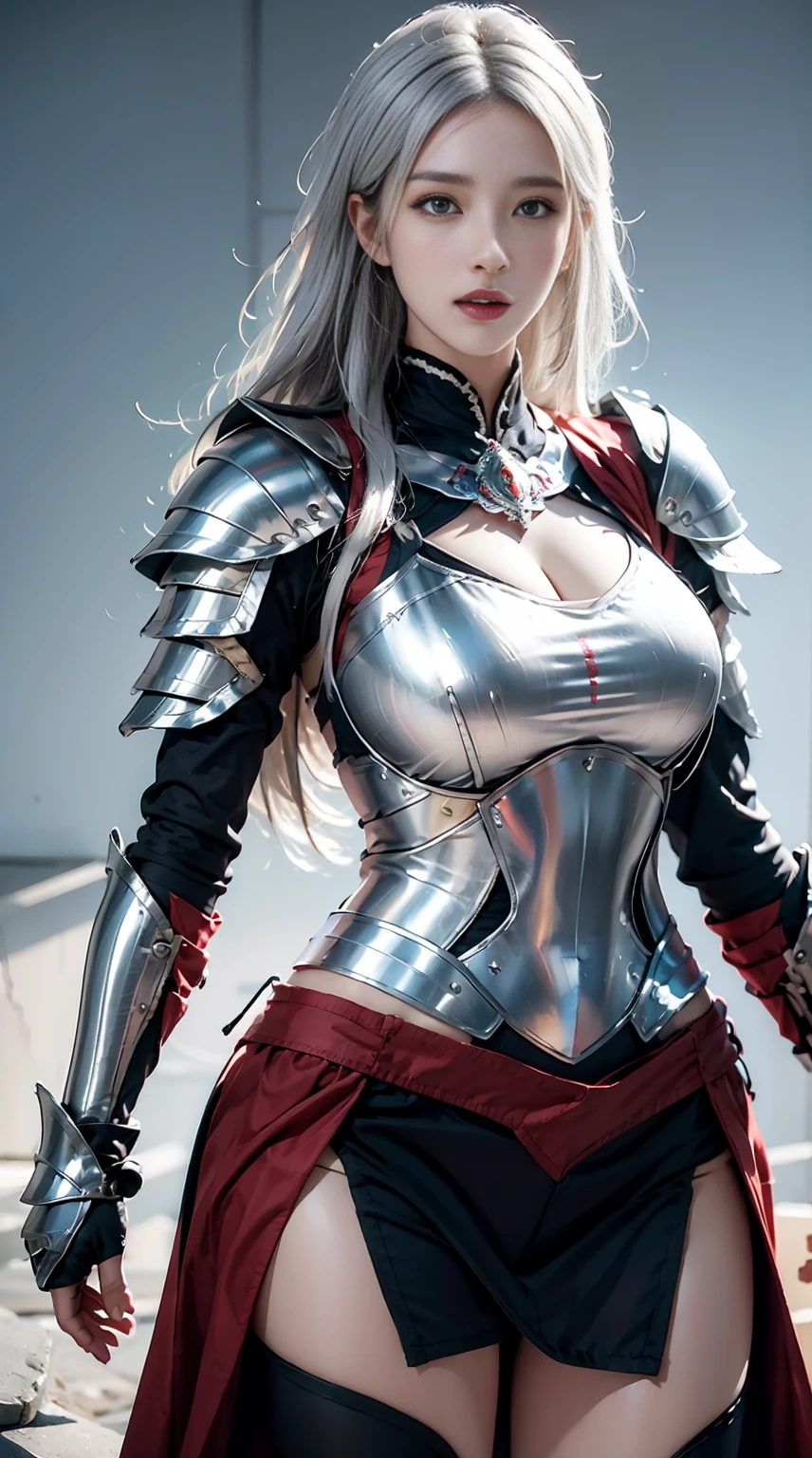 Realistic, High resolution, 1 Female, Glowing Skin, alone, jewelry, Pink Lips, Short white hair, blue eyes, Mouth closed, Hip Up, fantasy armor, Armed with a sword, ((Wearing heavy armor))、((Full metal armor))、looking at the camera、red and white costume