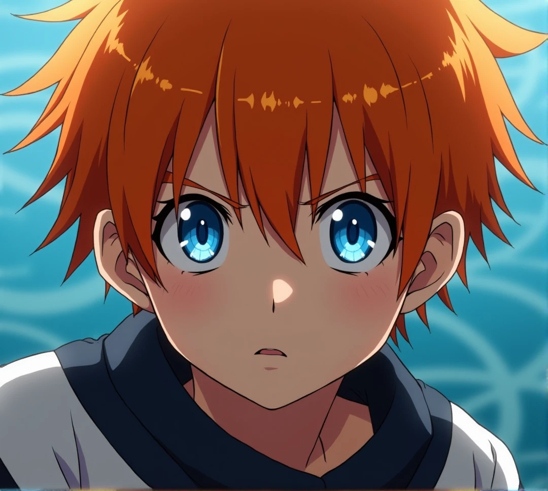 boy, orange hair, Beautiful, anime art, masterpiece, beautiful body, Blue eyes eyes, Close-up, eyes are open, Died