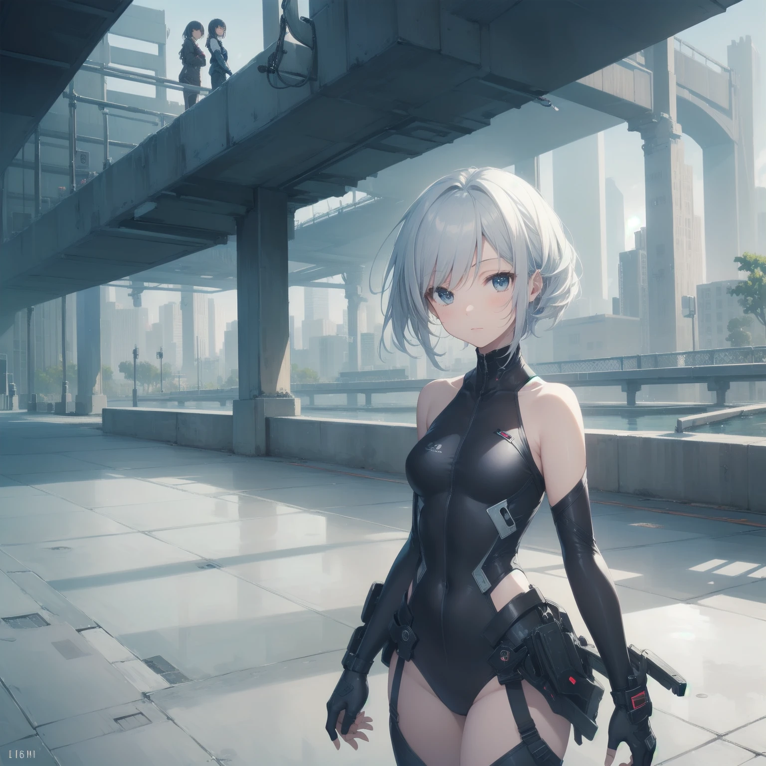 (masterpiece), highest quality, A tight-fitting suit that shows off your body lines、Woman Holding a Sword、Futuristic buildings、corridor