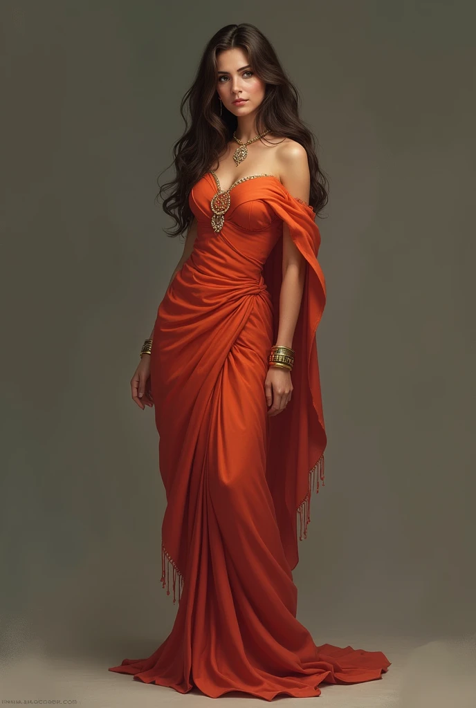 1 girl in, 20 year, standing alone, long hair, Indian, looking ahead at viewer, hair Brunette, bared shoulders, greeneyes, jewerly, whole body, a necklace, off the shoulders, Saree, realisitic, A sexy, big boobies
