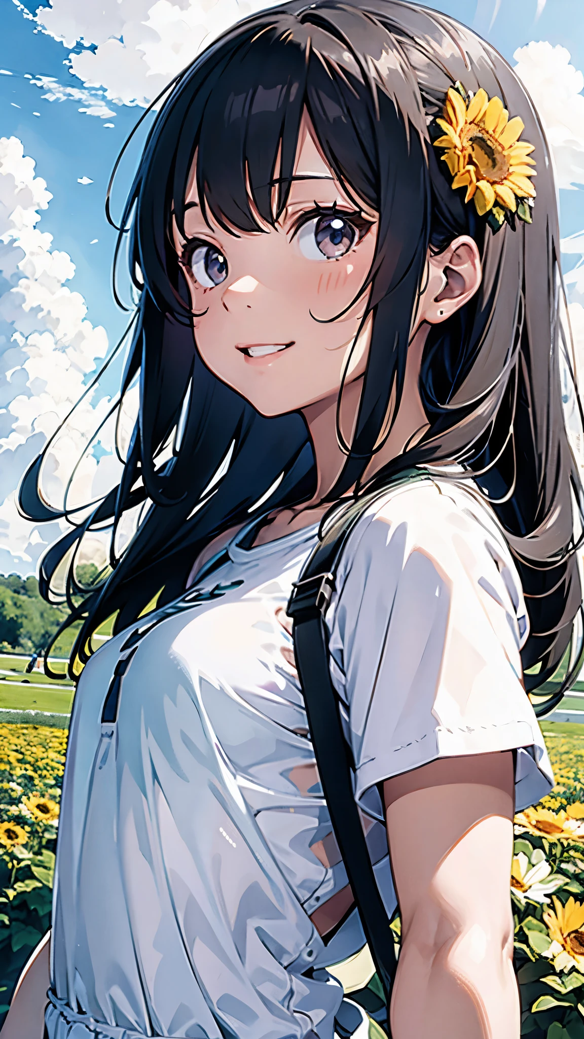 MKSKS, masterpiece, best quality, illustration, close up, straightforward, facial focus, smile, colorful, flowers, green sky, cloud sky, girl with beautiful eyes,