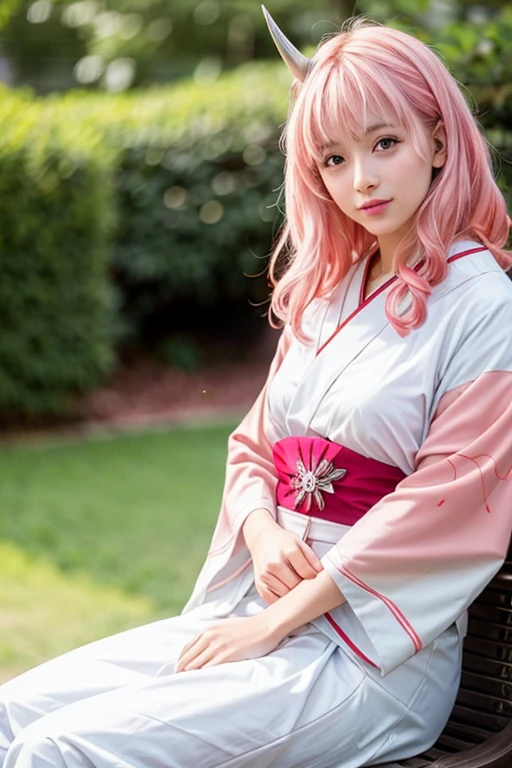 Realistic, (4K), Depth of written boundary, (masterpiece), (Realistic skin texture), Very detailed, Complex, Super detailed, Professional photography, Bokeh, High resolution, Sharp details, 最high quality, girl, Red and white kimono, Long Hair, Pink Hair, Pink Eyes, (horn), relax, RAW Photos, (Skin with attention to detail:1.2), 8K Ultra HD, Digital SLR, Soft lighting, high quality, Film Grain, Fujifilm XT3