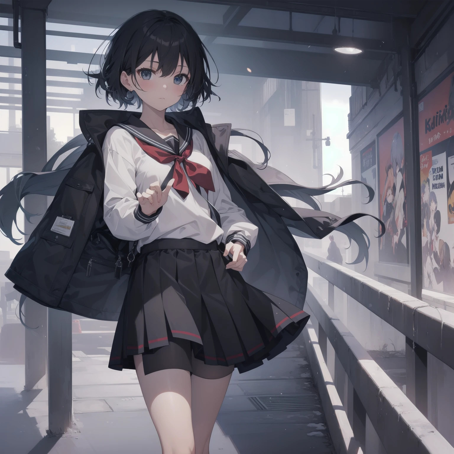 ultra-absurdres-Top quality by artist God, ultra-detailed, high resolution, anime moe artstyle, best anime 8k konachan wallpaper, pixiv contest winner, pool:2810, perfect anatomy,break, 1girl, (Please draw a girl walking sleepily to school alone. )break,(Solo,little female, 13-year-old:1.3),Full limbs, complete fingers,a junior high school student, (very short hair), short cut, flat chest, , small butt, small black eyes, beautiful detailed eyes, well-proportioned iris and pupils, expressive eyes, highres detailed hair, soft expression, salor school_uniform, sailor collar, serahuku, bow, pleated skirt,(Detailed Lighting), (Detailed background), in the School commute route. break,super detailed skin, Best cinematic lighting powered by famous artist, 8k,beauty illustration,photoshop_(medium),very aesthetic,break,((artist:izumi_tsubasu )), artist:clamp ,artist:carnelian ,artist:kantoku ,