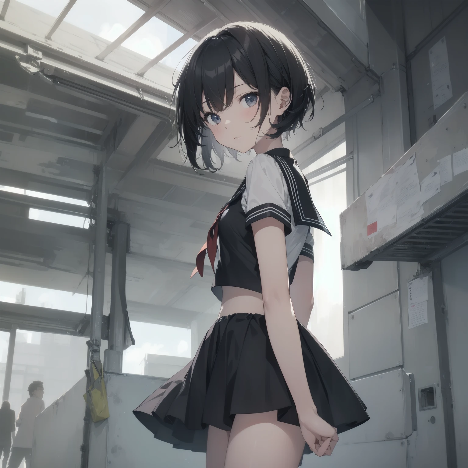 ultra-absurdres-Top quality by artist God, ultra-detailed, high resolution, anime moe artstyle, best anime 8k konachan wallpaper, pixiv contest winner, pool:2810, perfect anatomy,break, 1girl, (Please draw a girl walking sleepily to school alone. )break,(Solo,little female, 13-year-old:1.3),Full limbs, complete fingers,a junior high school student, (very short hair), short cut, flat chest, , small butt, small black eyes, beautiful detailed eyes, well-proportioned iris and pupils, expressive eyes, highres detailed hair, soft expression, salor school_uniform, sailor collar, serahuku, bow, pleated skirt,(Detailed Lighting), (Detailed background), in the School commute route. break,super detailed skin, Best cinematic lighting powered by famous artist, 8k,beauty illustration,photoshop_(medium),very aesthetic,break,((artist:izumi_tsubasu )), artist:clamp ,artist:carnelian ,artist:kantoku ,