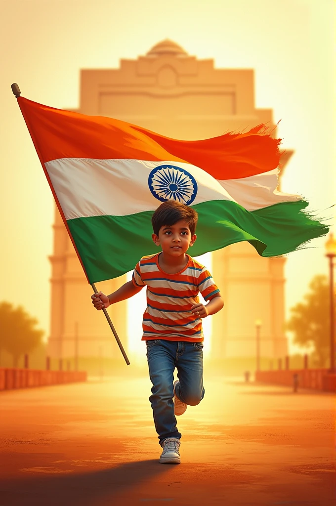 The image you've uploaded depicts a young child running forward while holding the Indian national flag. The scene is dynamic and vibrant, with the child dressed in casual clothing, including a striped shirt and jeans. The background features an abstract, painterly depiction of a monumental structure, likely inspired by iconic Indian architecture, bathed in warm colors like orange and yellow, suggesting a patriotic and celebratory atmosphere. The image overall conveys a sense of energy, pride, and national spirit. 