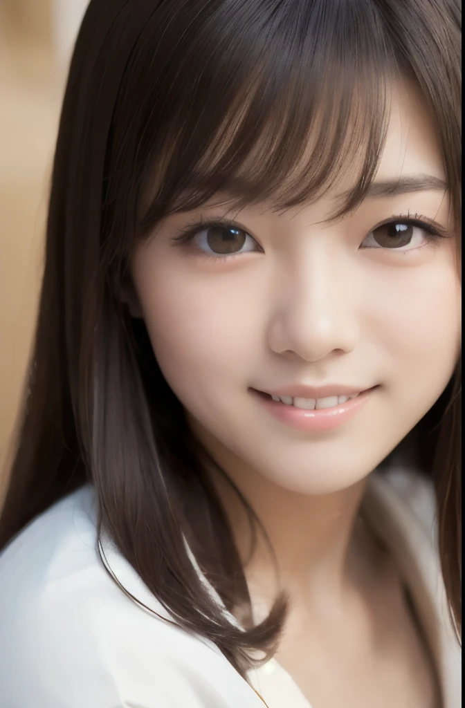 best quality, face focus, soft light, ultra high res, (photorealistic:1.4), RAW photo,(Shinozaki Ai), white skin, kawaii, 1 Japanese girl, solo, cute, (smile), (pupil, lights in the eyes), detailed beautiful face, Medium-sized breasts,(high resolution detail of human skin texture),(long hair),(portrait), upper body, white traditional kimono