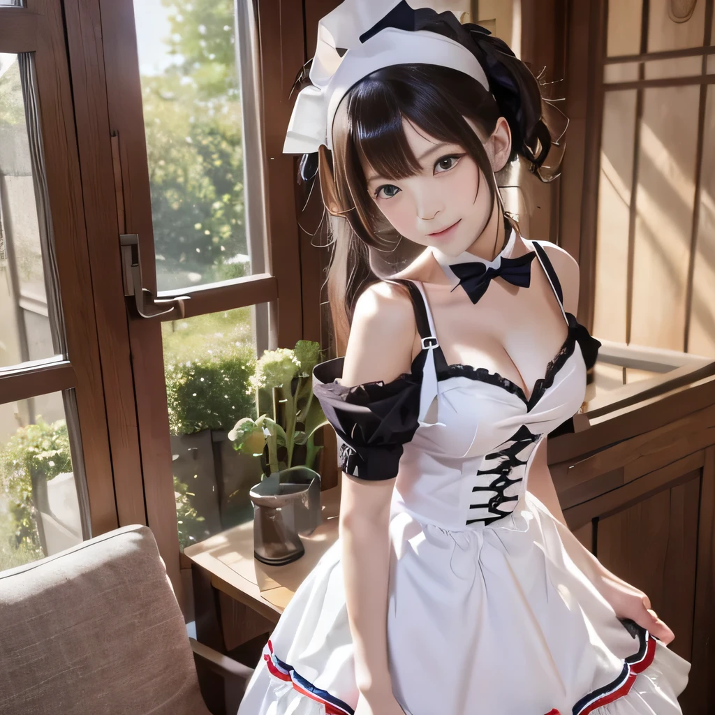 apron, , garter, The composition of the anime shows a captivating charm, Maid clothes, reality, A very realistic photo taken with a Canon camera, Very high quality and high definition