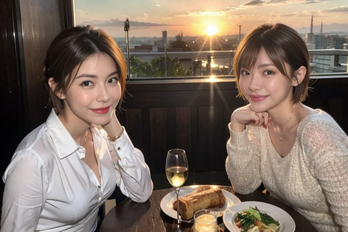 (Realistic:1.1),(masterpiece,Highest quality),8k,(49 years old), 53 years old, ベリーslimボディ、slimカップル、Tight waist,Upper Body,full-course dinner、wine 、Amazing view of the sunset sky and clouds、Perfect Anatomy, Brown Hair, short hair,Random Hairstyles,((Highly detailed face and eyes:1.2)),Perfect golden ratio face,Long sleeve shirt、dress,(smile:1.2)、Shortcuts、cute、(Realistic, Intricate details:1.2), A bright smile、short hair,Bright Face、赤wine 、Appetizers、Italian food、wine bottle、Champagne、スパークリングwine、(slimな顔), (The body is slim), (Brown Hair), (Shortcuts), Upper Body, 白wine, slim, wineグラス,
