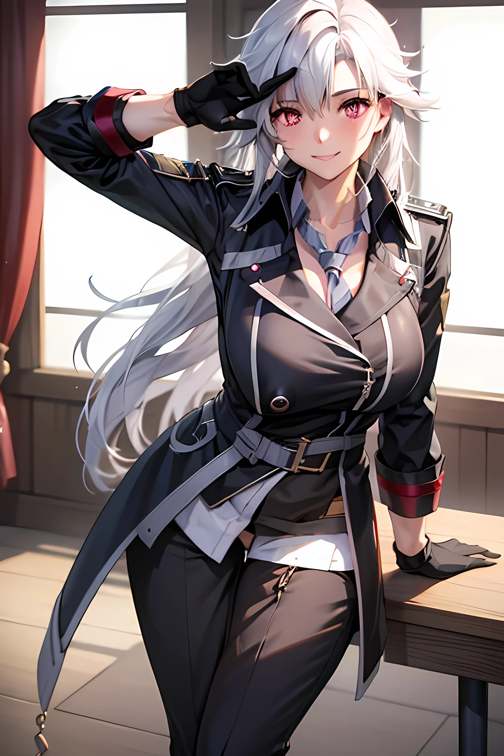 masterpiece, mischievous smile, light blush, looking at viewer, huge breasts, sexy pose, female rean schwarzer, long hair, black coat, black pants, black gloves, white hair, red eyes, nipples, detailed white classroom in the background