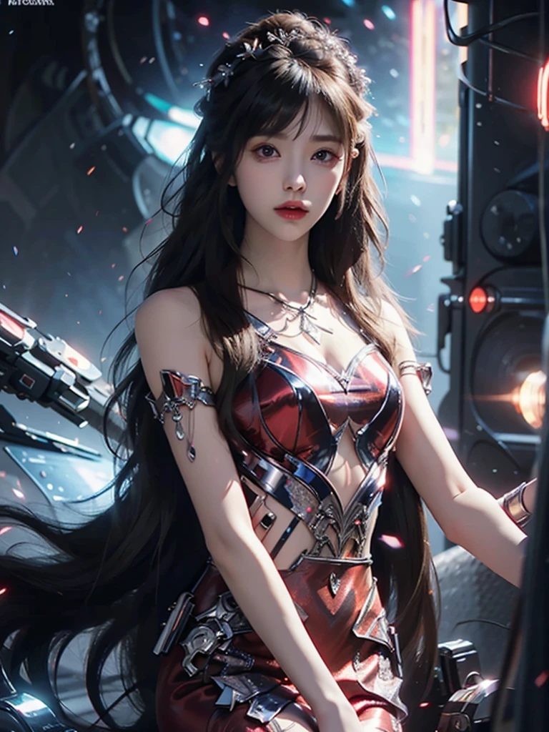 4k ultra hd, masterpiece, high details, a girl, cute face, detailed eyes, long hair, detailed lips, medium breasts, red lights on dress, Cyberpunk red dress, red neon lights connected on dress, neon breasts, bare waist, red electric current effect, glowing effect, direct-x 2.0 visual effect, high graphic night lights, spreading light, red light reflection, light reflection on road, everywhere spreading red lights, neon lights, sitting, whole body capture,
