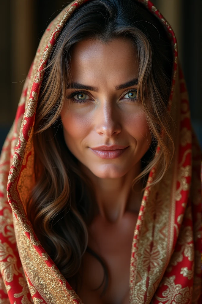 (Open your legs:1.0)high resolution, masterpiece,Highest quality, Ultra HD,Very beautiful Arabic silk shawl ,Long eyelashes, Dark smokey eyes,48 years old,Beautiful ripe,Blushing