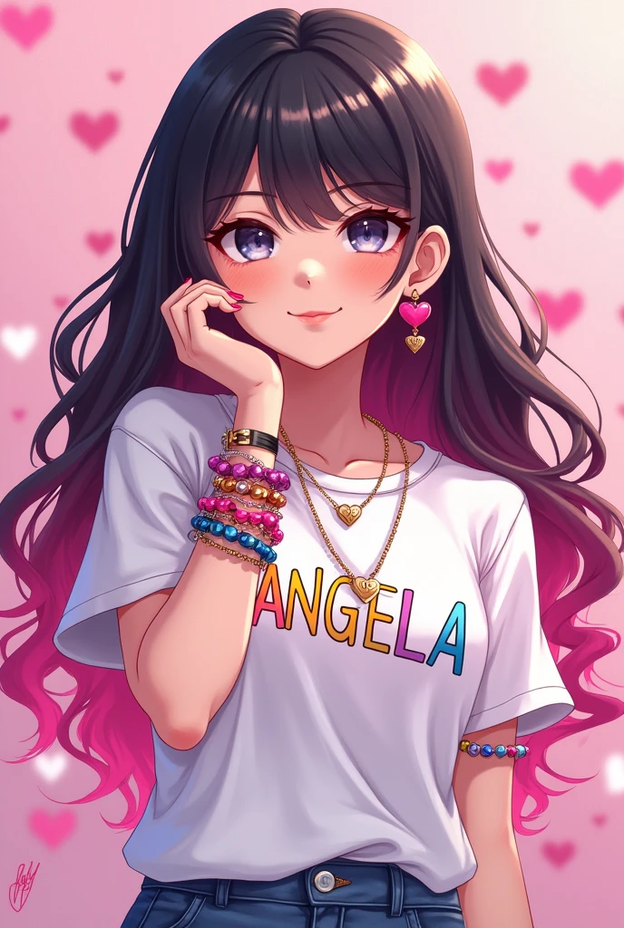 A digitally illustrated female character with long, wavy black hair that transitions to a vibrant shade of pink at the tips. She wears a white t-shirt with the name 'ANGELA ' in bold, colorful letters. The character is adorned with various accessories, including heart-shaped earrings, a necklace, and multiple bracelets. She is posed against a backdrop filled with de hearts, and her hand gracefully touches her ear. The overall ambiance of the image is playful and romantic, with 