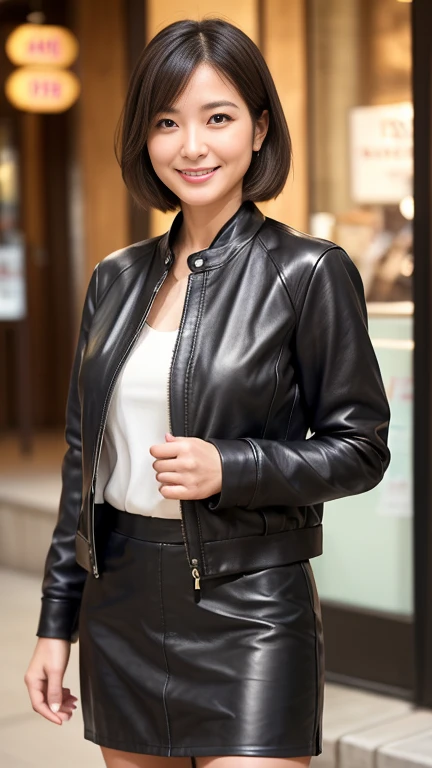 


最high quality, 8k, Vibrant, Sharp focus, high quality, High resolution, Middle-aged women, Mature Woman, 55 years old, (Whole Body Ezbian), (High heels face detail, Highly detailed eyes, Plump figure、Plump face、((big 1.6))、(((Large Breasts)))、((Black leather clothing))、Busy Street、Random Hairstyles、A kind smile、Leather Fashion、leather jacket、Leather skirt、