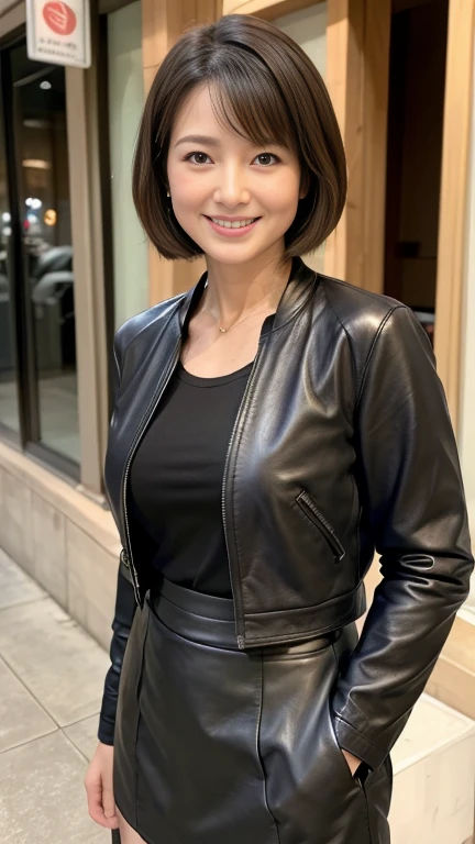 最high quality, 8k, Vibrant, Sharp focus, high quality, High resolution, Middle-aged women, Mature Woman, 55 years old, (Whole Body Ezbian), (High heels face detail, Highly detailed eyes, Plump figure、Plump face、((big 1.6))、(((Large Breasts)))、((Black leather clothing))、bustling street、Random Hairstyles、A kind smile、(Leather Fashion、leather jacket、Leather skirt、boots、)、
