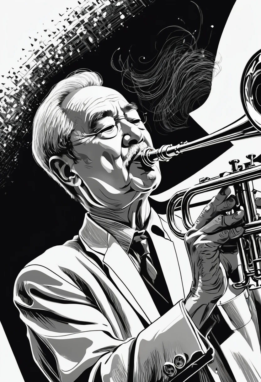 Black and White､Line art､,Detailed angle(low angle,canted angle),upper body,man,elderiy,jazz　art,trumpet､Playing､indoor､dim