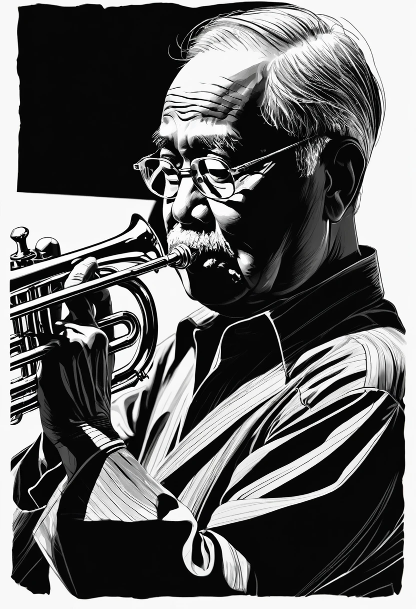 Black and White、Line art、,Detailed angle(low angle,canted angle),upper body,man,elderiy,jazz art,trumpet、Playing、indoor、dim
