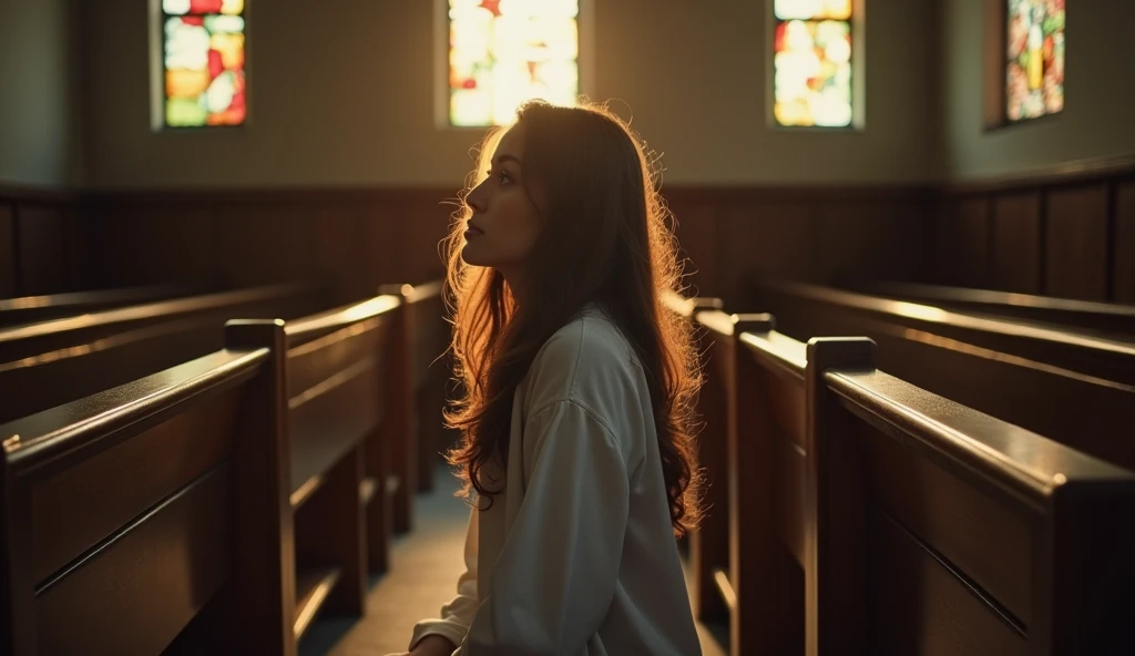 
The camera slowly approaches a young woman, Mary, who is kneeling on one of the worn wooden benches. Her hair falls gently over her shoulders, and the soft light of morning enters through the windows, reflecting on the small stained glass windows that adorn the walls of the church. The soft sound of birds singing can be heard in the background, creating an atmosphere of serenity.