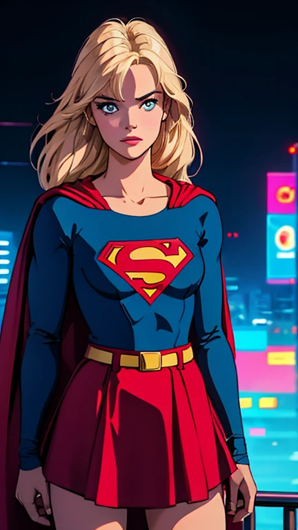 (1girl, supergirl), (extremely detailed CG unit 8k wallpaper),(master part), (best quality), (ultra detail), (best illustration),(lora:80'sFusion:0.6), cowboy shot, (Sharp eyeliner, ombre, detailed eyes:1), midnight, neon light city background, ,break , (neon_pop art style), blonde, [blue eyes], blue shirt, belt, ((red skirt)), red cape, knee boots, BREAK 