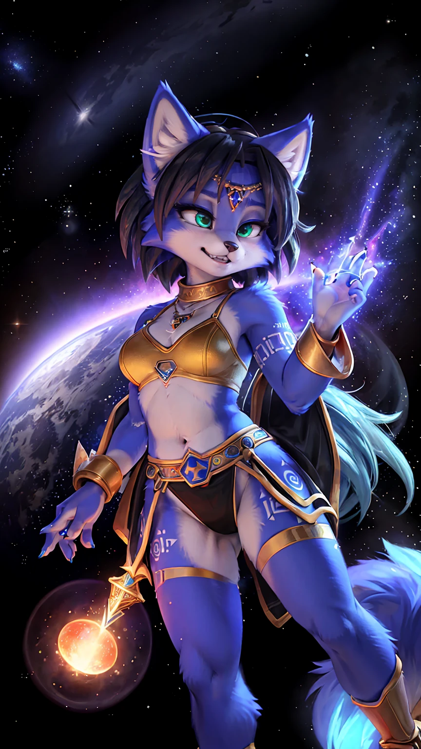 A beautiful and detailed (sweet picture) wa ((krystal)), Star Fox Krystal, sslim, lovable, green eyes, medium breasts, (((Long blue hair 1.3))),  ((Tips for black hair)), Decollete, grin, look up,, anthro, furry, Uploaded E621, detailed fluffy fur, (wa Fluff-Kevlar, Bayard Wu, personalize me, Pino Daeni), detailed face, (fluffy), 1 girl, alone, sweet girl, alone, Energy ball, Sorceress Sorceress cast, Wizard Clothing, Angry face, Evil spell, Tail up, Eyes are large and expressive, Magnificent sword lilies in blue and violet, Cosmic background, Amazing space background