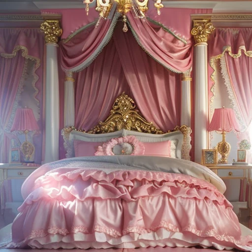 ,highest quality, masterpiece, highest resolution, artwork, super それにget used to it, many get used to it, get used to it, それにget used to it, 3K realistic photos,,((10 year old girl)),Super detailed baby face,She is a princess,Full length ball gown dress with hoop skirt,ruffle yoke collar,puff sleeves,long sleeve,((Lolita style hot pink detailed princess satin dress、Comes with lots of frills and ribbons。)),colorful rococo fashion,shiny satin dress,Soft and smooth fabric,luxury,long blonde hair,blue eyes,white skin european,pajamas,((inside the palace)),,,(( When I was 10 years old)),Super detailed baby face,Full length ball gown dress with hoop skirt,long skirt,ruffle yoke collar,puff sleeves,腰まで伸びるlong blonde hair,blue eyes,white skin european,pajamas,((inside the palace bedroom)),ピンクのシルクサテンのluxuryなcanopy bedの上,canopy bed,Luxurious curtains on both sides of the bed,many frilly pillows on the bed,super detailed background,Detailed bed,romantic atmosphere,little princess is lying on the bed,hug a pink pillow,((((Both legs are hidden in the dress)))),the dress is spread out on the bed,soft pink silk satin comforter,soft silk satin ruffled pillow,Beautiful girl illustration,detailed beautiful face detailed hair,detailed human eye ,detailed mouth, arm details,fine hands,Detailed pillow,