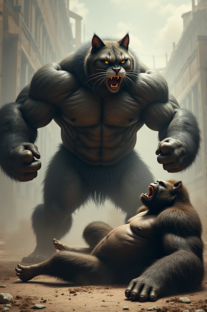 In an action-packed scene, the muscular bodybuilder daddy cat, furious and determined, catches up to the gorilla and the gorilla leying down and the muscular bodybuilder cat face daddy putting poot on her chest and shouting on her He confronts the gorilla with an angry expression, shouting as he delivers a powerful kick to the gorilla's face. The fight is intense, with both figures showing their strength.