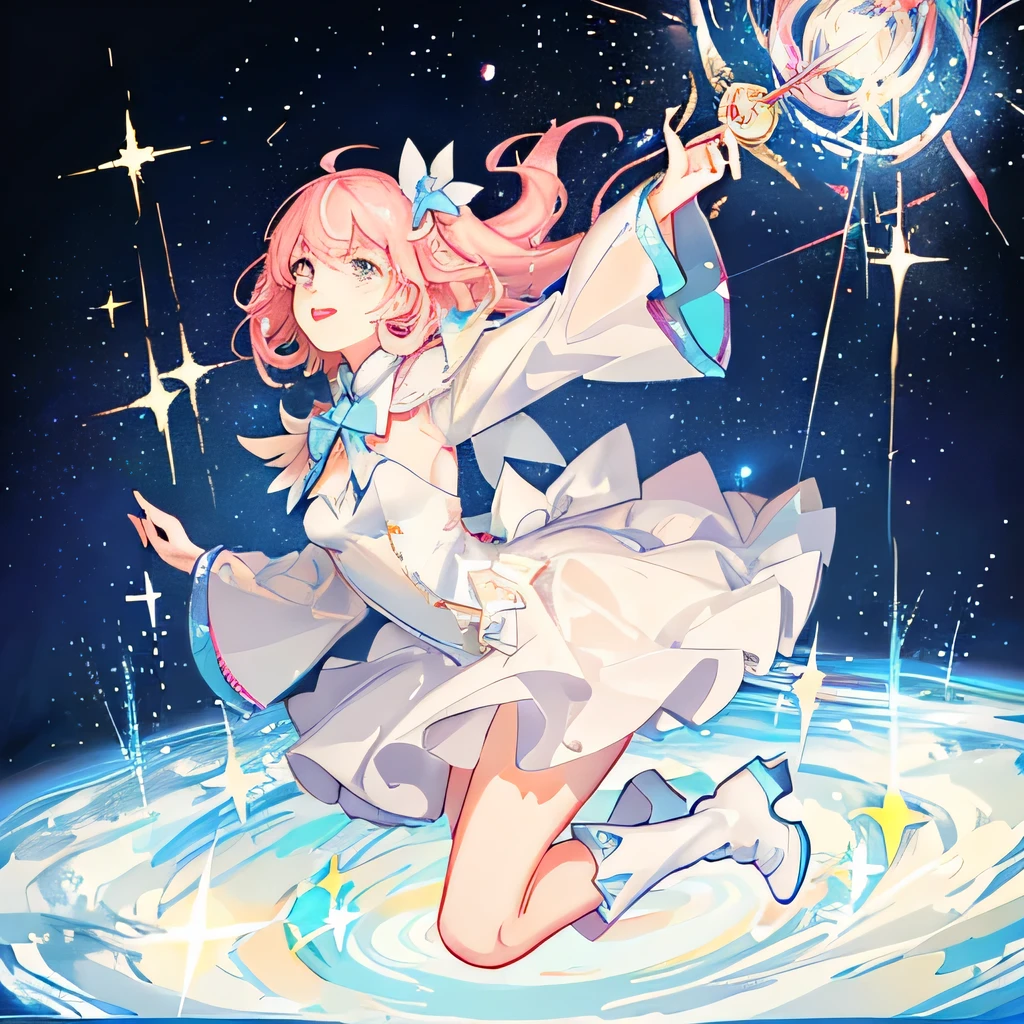 (Magical girl)), ((Gorgeous starry sky background)), ((Extremely detailed)), ((Best illustration)), ((Movie Lighting)), Dynamic Angle, floating, beautiful, (flash: 1.2), (shine: 1.2), (shine: 1.2), classic, (painting: 1.1), (sketch: 1.1), (best quality), (illustration: 1.2), (Anime style), (Solitary), Beautiful and delicate face, (Cute face: 1.3), (big eyes)), Colored hair, (Long hair: 1.2), (飘逸Long hair: 1.2), (Magical girl服装), detail, (Shiny wand: 1.3), (Magic Effects: 1.3), (floating dress: 1.2), (Cute boots: 1.1), (Transparent fabric: 1.1), (Flash: 1.2), (glow: 1.2), (spark: 1.2), (spark: 1.2), (spark: 1.2), (flash: 1.2)