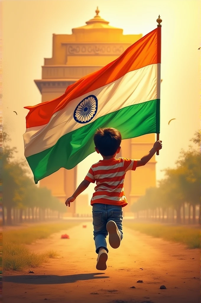 a young child running backward while holding the Indian national flag. The scene is dynamic and vibrant, with the child dressed in casual clothing, including a striped shirt and jeans. The background features an abstract, painterly depiction of a monumental structure, likely inspired by iconic Indian architecture, bathed in warm colors like orange and yellow, suggesting a patriotic and celebratory atmosphere. The image overall conveys a sense of energy, pride, and national spirit. 